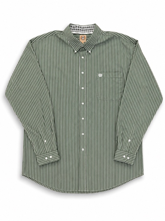 Cinch Other - Cinch Mens Olive Green & White Striped Button-Down Shirt